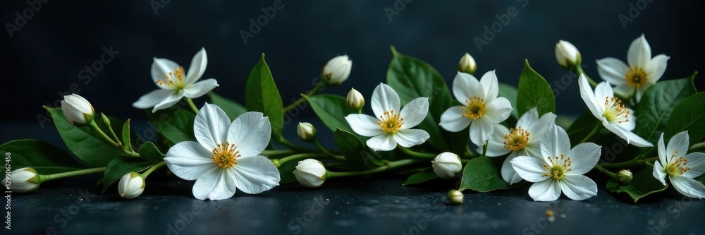 Fototapeta premium White flowers in full bloom on a dark and moody surface, black, serene, floral