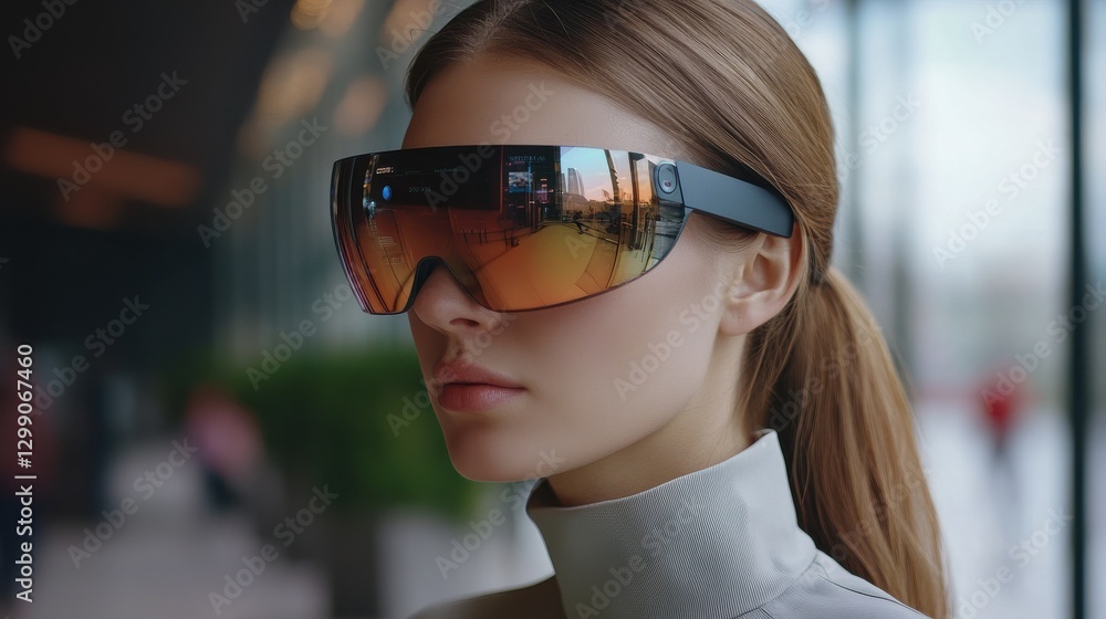 closeup of a woman using futuristic smart glasses, highlighting the evolution of business communication, job innovation, and advanced digital connectivity. Suitable for tech-forwar closeup of a woman using futuristic smart glasses, highlighting the evolution of business communication, job innovation, and advanced digital connectivity. Suitable for tech-forwar