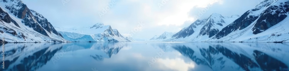 Fototapeta premium Glaciers reflected in the calmness of a snowy lake, frozen, snow