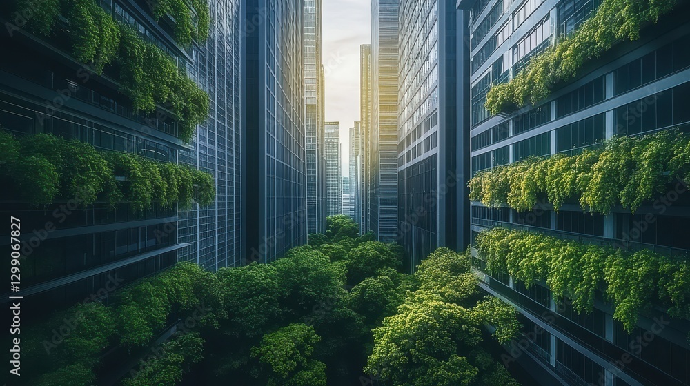 Fototapeta premium Green financial district with eco-friendly buildings, representing sustainable finance.