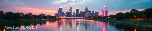 St Louis skyline, blurred river, depth of field, panorama, riverfront, buildings