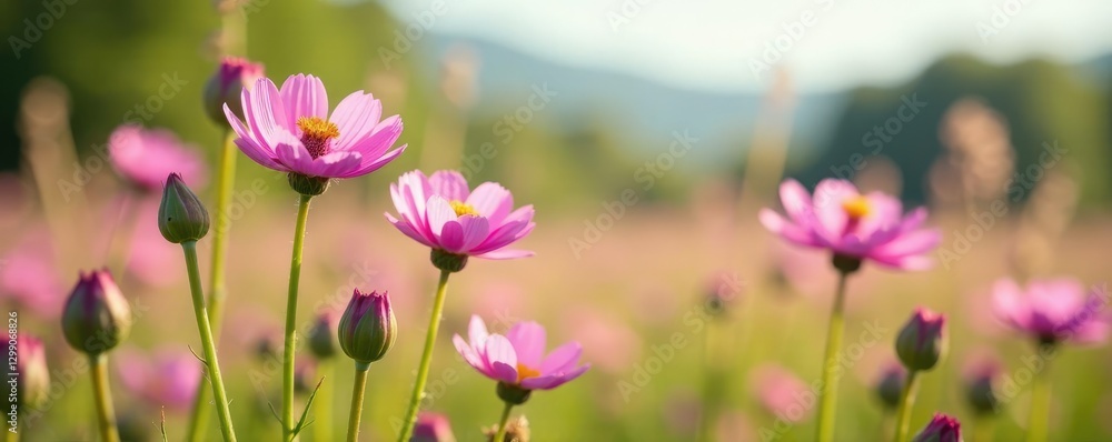 Tall pink flowers with delicate petals swaying in a meadow, meadow, wildflowers, knapweed Tall pink flowers with delicate petals swaying in a meadow, meadow, wildflowers, knapweed