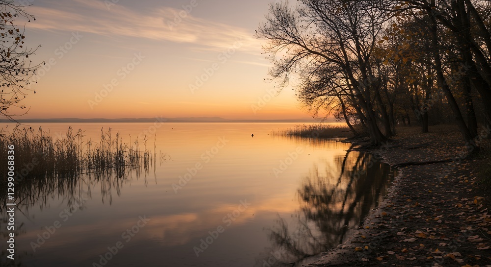Tranquil Lake at Sunset Reflecting Orange Sky and Silhouetted Trees Tranquil Lake at Sunset Reflecting Orange Sky and Silhouetted Trees