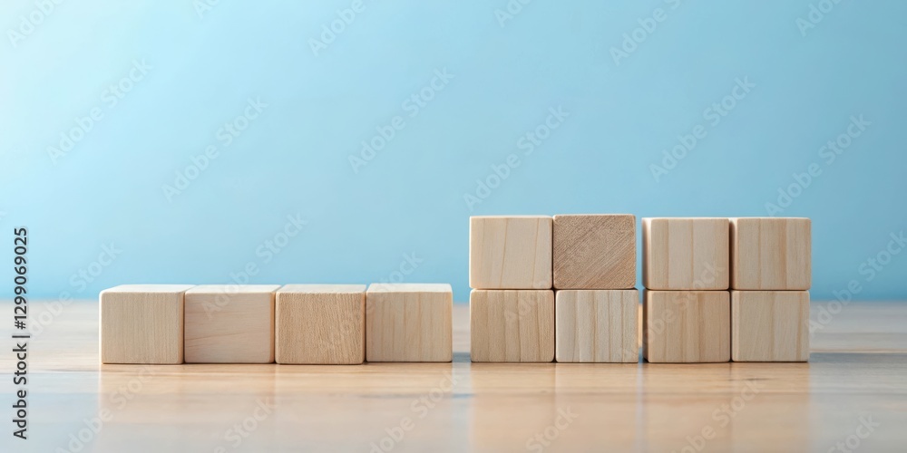 Wooden Blocks Arranged on a Tabletop Against a Light Blue Background, Representing Structure and Organization Wooden Blocks Arranged on a Tabletop Against a Light Blue Background, Representing Structure and Organization