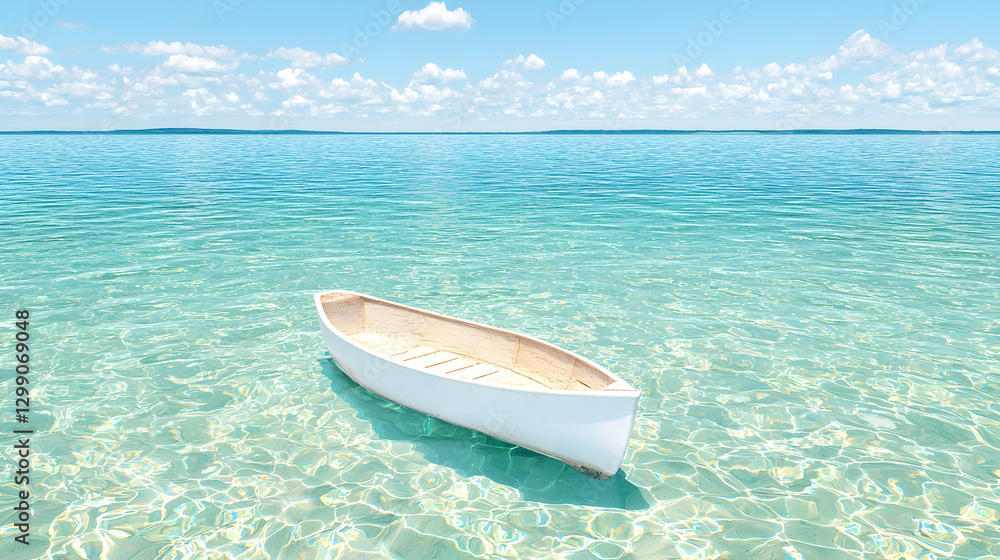 White boat floats on calm turquoise ocean, sunny day. Travel brochure White boat floats on calm turquoise ocean, sunny day. Travel brochure