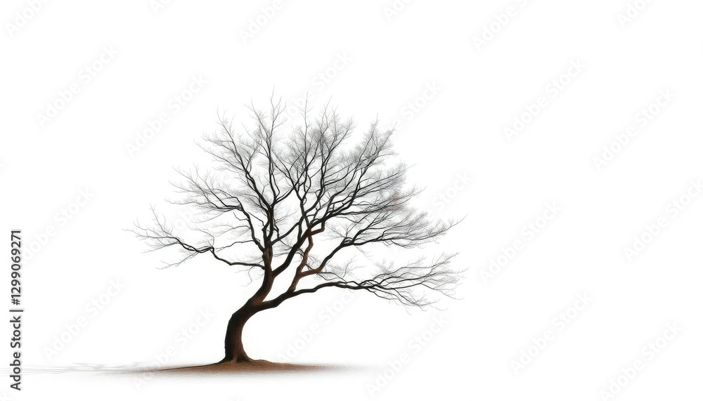 Fototapeta premium Lone deciduous tree, stark branches against pure white, template, graphic