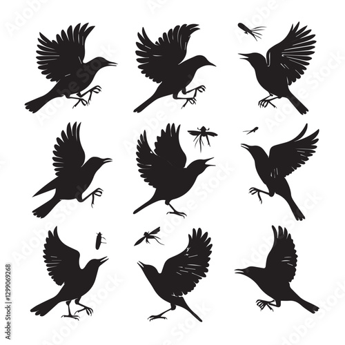 Vector set of sparrow silhouettes. Birds silhouettes collection Sparrow Silhouette 