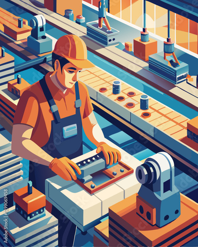 Industrial Worker Operating Machinery in Modern Factory Setting