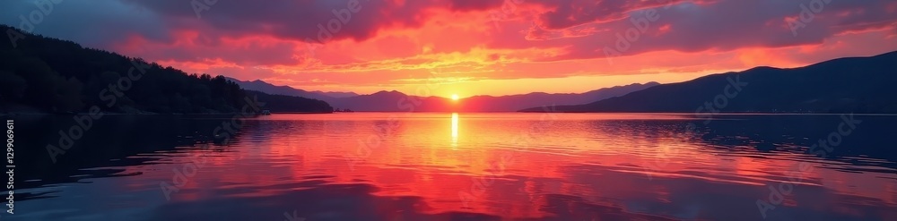 Fiery hues paint the lake's calm surface at sunset , lake, scene, reflection Fiery hues paint the lake's calm surface at sunset , lake, scene, reflection