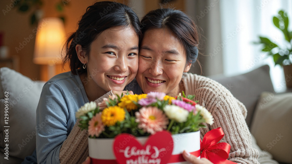 Heartwarming Mother's Day Embrace: Asian Mom Receives Flowers from Adult Child - Perfect for Greeting Cards Heartwarming Mother's Day Embrace: Asian Mom Receives Flowers from Adult Child - Perfect for Greeting Cards