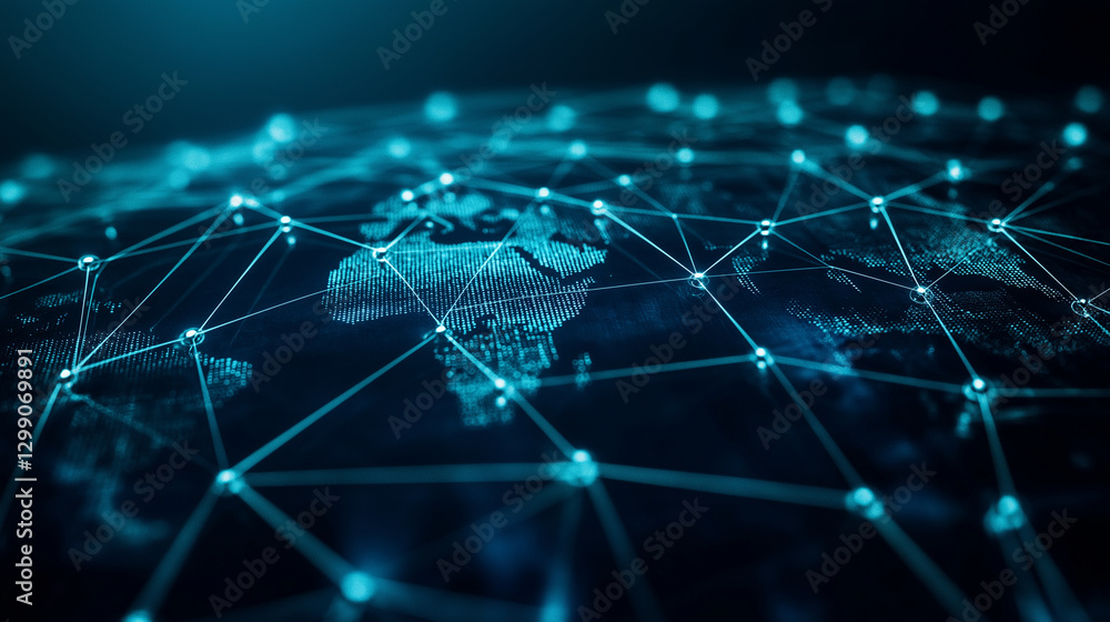 Cyber network with interconnected nodes representing international businesses communicating, collaborating, and working together across borders with advanced technology. Cyber network with interconnected nodes representing international businesses communicating, collaborating, and working together across borders with advanced technology.