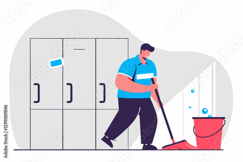 Cartoon Worker Mopping Floor in Locker Room - Clean, Casual, and Professional Setting in Vector Style