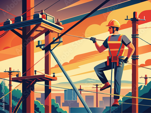 Skilled Technician Performing Maintenance on Power Lines at Sunset in Vibrant Urban Setting