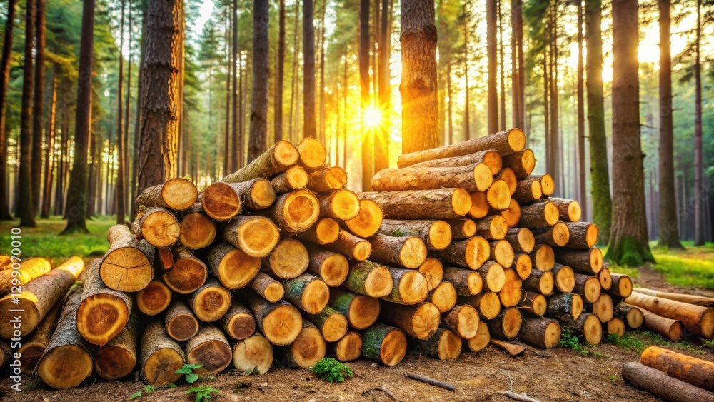 Golden Hour Lumber Stack in a Verdant Forest Golden Hour Lumber Stack in a Verdant Forest