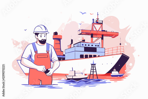 Fisherman in Overalls with Large Ship: Maritime Industry and Ocean Trade Illustration