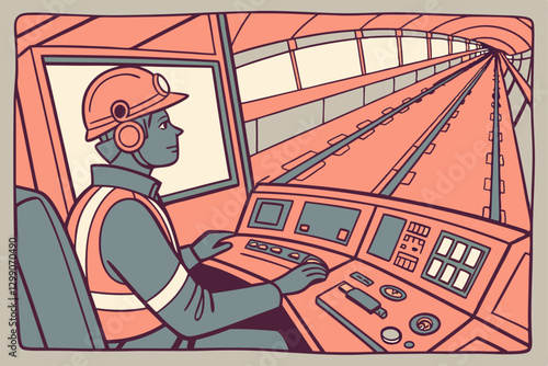 Train Operator Navigating Subway Tunnel in Illustrative Style: Modern Urban Transportation Art