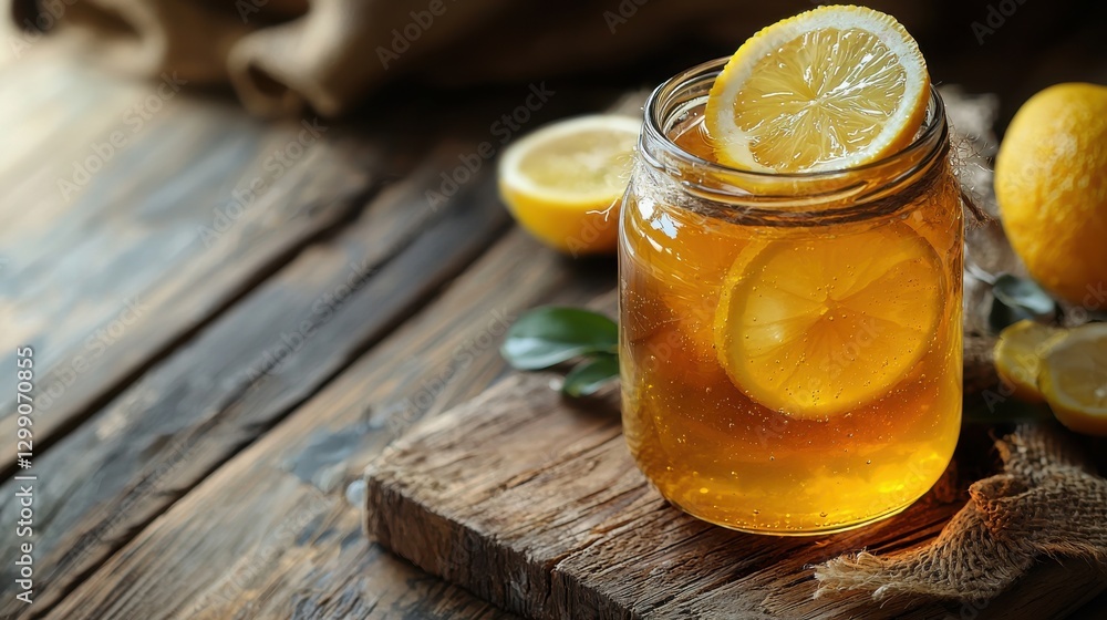 Homemade Lemon Preserves in a Jar Surrounded by Fresh Lemons on a Rustic Wooden Board Homemade Lemon Preserves in a Jar Surrounded by Fresh Lemons on a Rustic Wooden Board