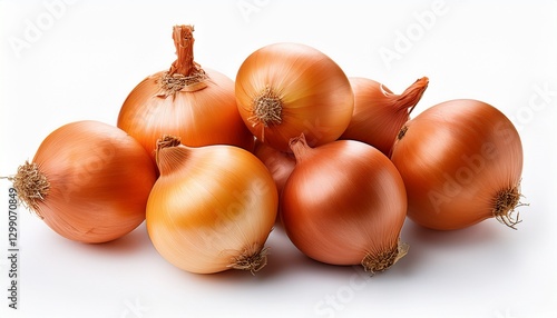 Wallpaper Mural A close-up of five fresh golden-brown onions with smooth, shiny skins, arranged on a clean white surface. Torontodigital.ca