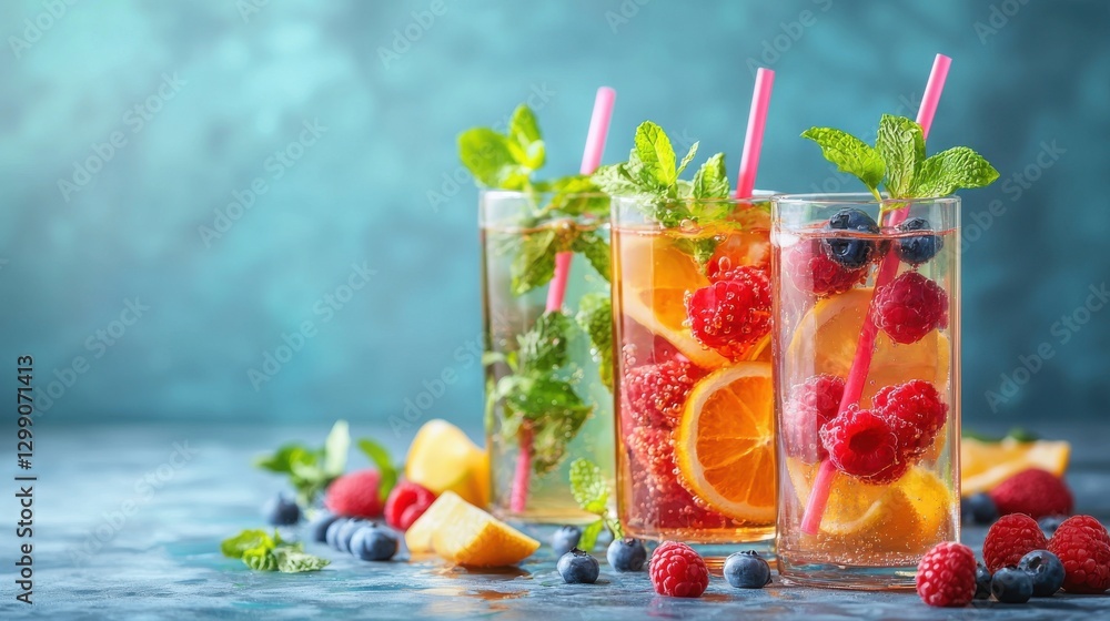 Fototapeta premium Refreshing Fruit-Infused Beverages with Berries and Mint on Colorful Background