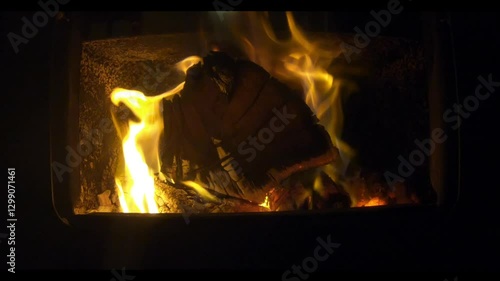 A cozy fireplace with burning logs, flickering flames, and glowing embers. The warm fire creates a relaxing and rustic ambiance, perfect for winter, home comfort, and relaxation themes.