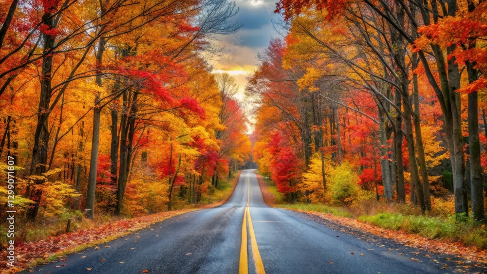 Fototapeta premium Autumnal Roadway Through Vibrant Forest Canopy Featuring a Scenic Drive in Fall