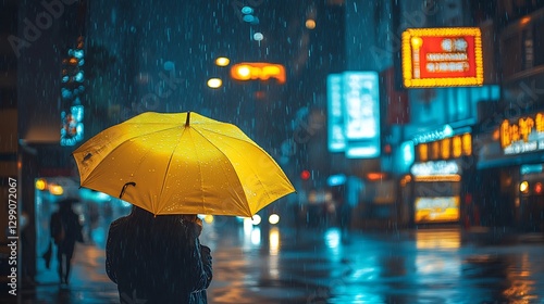 Wallpaper Mural Person with yellow umbrella in rainy city at night. Torontodigital.ca
