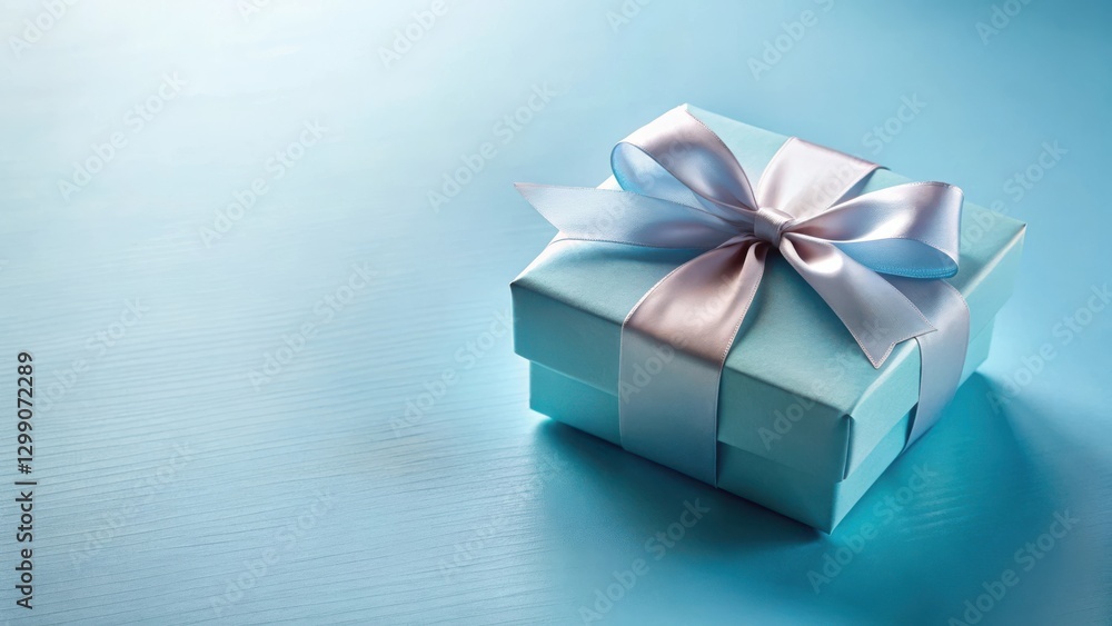Fototapeta premium A delicately wrapped present with a light blue satin ribbon and bow rests on a pale blue surface, conveying a sense of thoughtful gifting