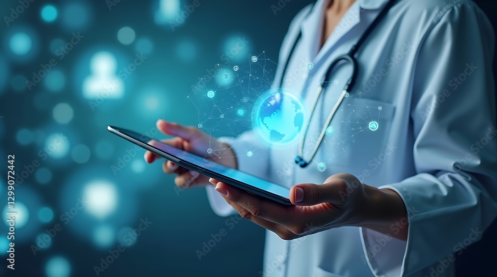 Digital sci-fi futuristic doctor holding digital tablet Digital sci-fi futuristic doctor holding digital tablet
