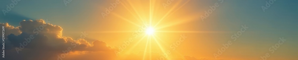 Obraz premium Golden sunburst, vibrant rays extending from center in clear sky, shining, summer, sky
