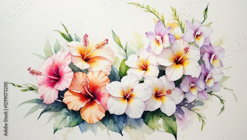 Wallpaper Mural Brightly colored hibiscus flowers in various shades bloom gracefully against a softly blurred background. The image captures their intricate petals and lush green leaves perfectly. Torontodigital.ca