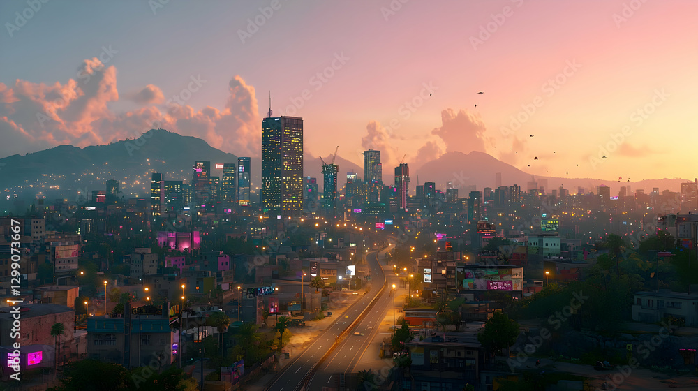 Fototapeta premium City Skyline At Sunset Featuring Illuminated Buildings And Road In Evening Atmosphere