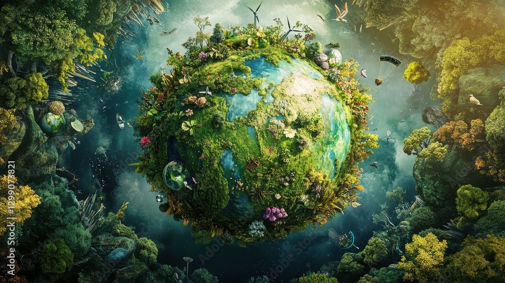 Fototapeta premium conceptual illustration of ecofriendly sustainable world with green planet earth renewable energy symbols and nature elements surrounding globe depicting environmental conservation efforts