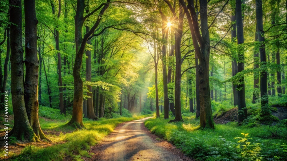 Fototapeta premium Sunlit Path Through a Verdant Forest of Tall Trees on a Serene Morning