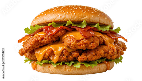 Fried chicken burger that have 3 fried chicken fillets inside, with melted cheddar cheese, bacon and barbecue sauce  isolated on transparent background 