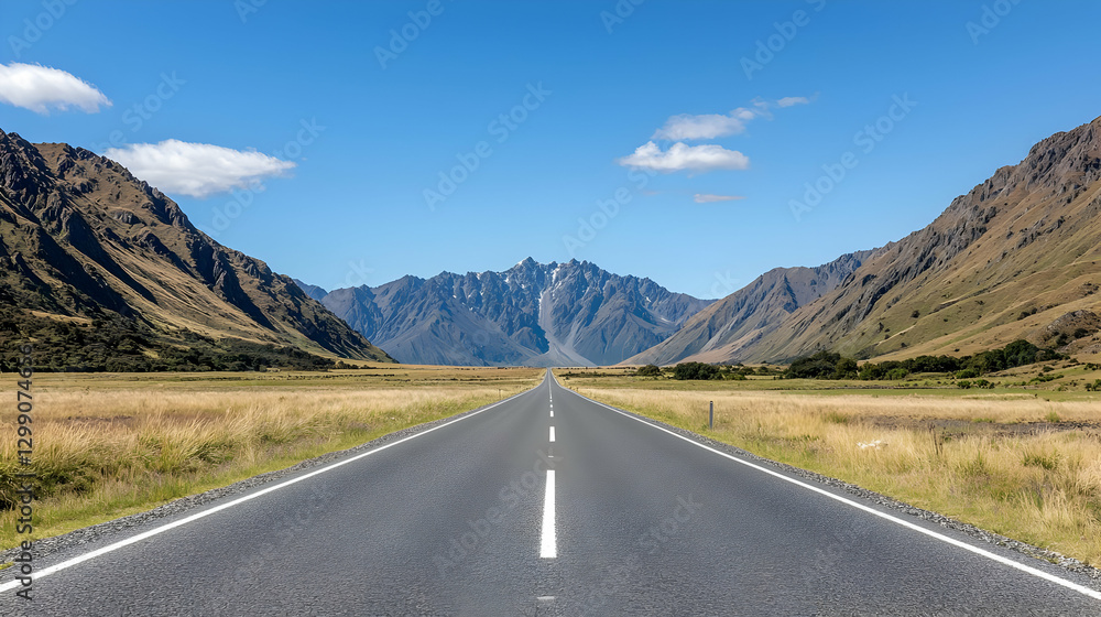 Fototapeta premium Empty Asphalt Road Leading Towards Majestic Mountain Range Under Bright Blue Sky