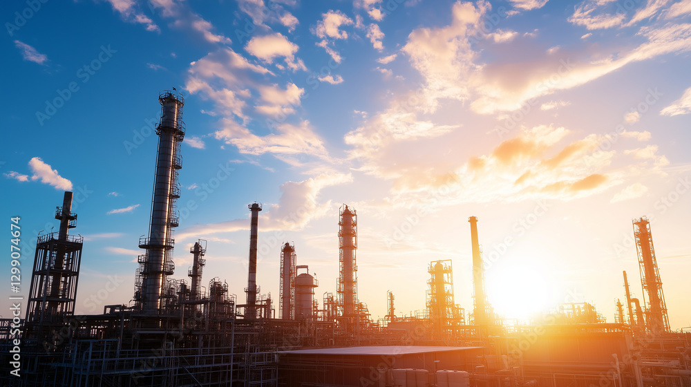 Obraz premium A sweeping view of an industrial petrochemical complex with an array of factory buildings, oil extraction units, and energy generators, all under a blue sky with the sunlight shini