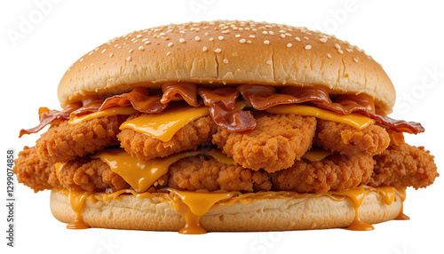 Fried chicken burger that have 3 fried chicken fillets inside, with melted cheddar cheese, bacon and barbecue sauce  isolated on transparent background 