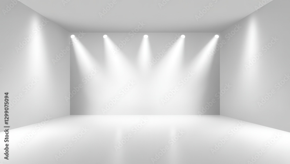 Fototapeta premium Spacious and Minimalist White Room with Bright Spotlights on Smooth Floor Ideal for Art Installations and Photography Backgrounds
