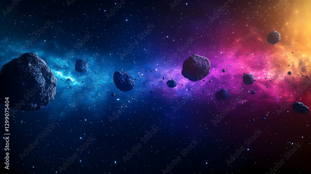 Fototapeta premium Cosmic Asteroids Floating Through A Colorful Nebula In The Vast Dark Universe
