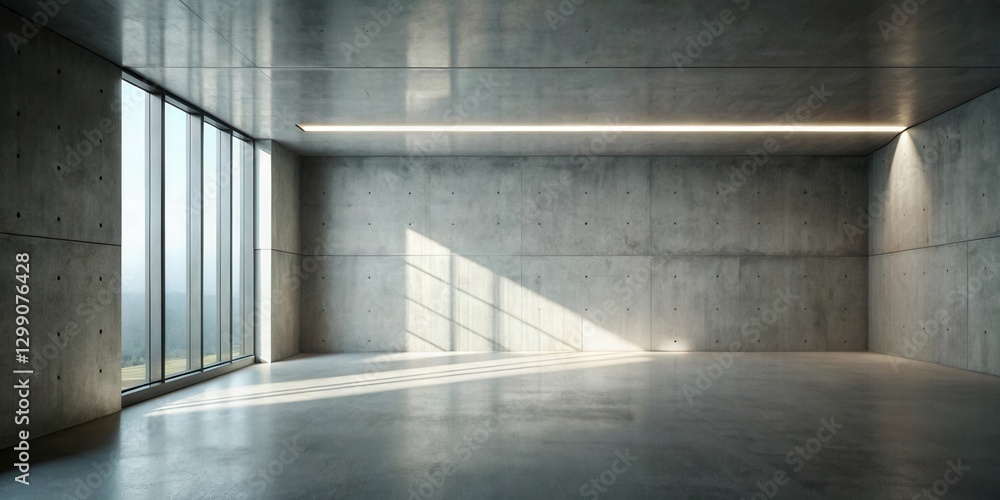 Obraz premium Sunlit Modern Concrete Room with Large Window and Polished Floor