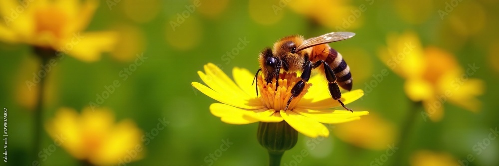 Rusty patched bee collecting nectar from bright yellow flowers in the garden, insects, nature, wildflowers Rusty patched bee collecting nectar from bright yellow flowers in the garden, insects, nature, wildflowers