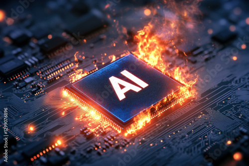 A high-tech AI processor chip on a circuit board engulfed in flames, symbolizing the potential overheating of artificial intelligence technology