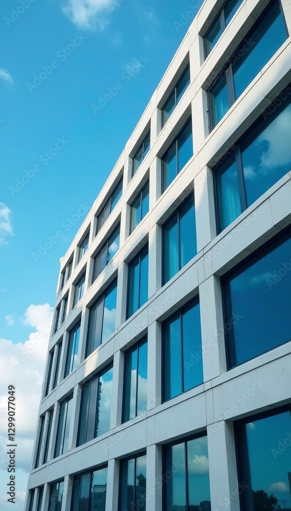 Rows of windows on commercial building facade with blue sky and clouds, design, windows Rows of windows on commercial building facade with blue sky and clouds, design, windows