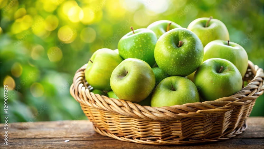 A wicker basket overflowing with a delightful collection of fresh, crisp, green apples, bathed in the warm glow of sunlight, sits on a rustic wooden surface against a softly blurred natural backdrop A wicker basket overflowing with a delightful collection of fresh, crisp, green apples, bathed in the warm glow of sunlight, sits on a rustic wooden surface against a softly blurred natural backdrop
