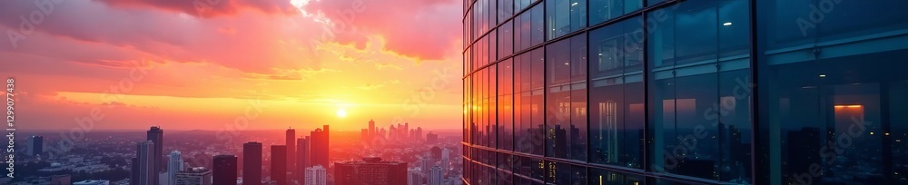 Fototapeta premium Sleek glass exterior of downtown office tower at sunset, corporate, urban