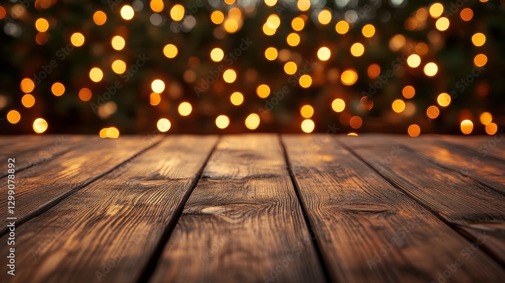 Wooden table foreground with shimmering bokeh lights in a softly lit outdoor setting during the evening hours Wooden table foreground with shimmering bokeh lights in a softly lit outdoor setting during the evening hours