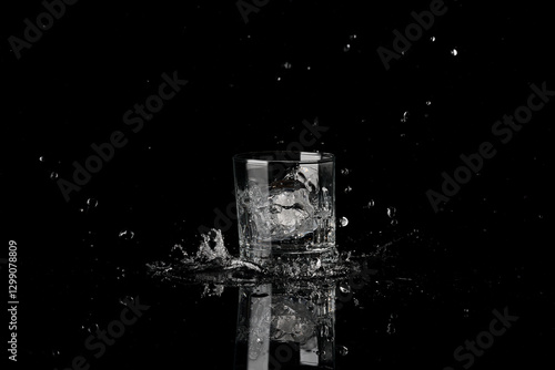 vaso de agua cayendo un hielo y haciendo un splash: