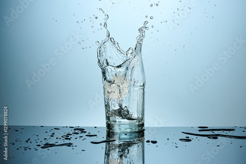 vaso de agua cayendo un hielo y haciendo un splash: