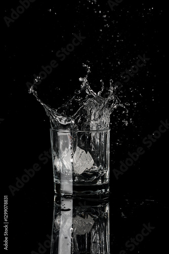 vaso de agua cayendo un hielo y haciendo un splash: