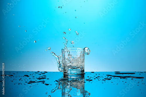 vaso de agua cayendo un hielo y haciendo un splash: